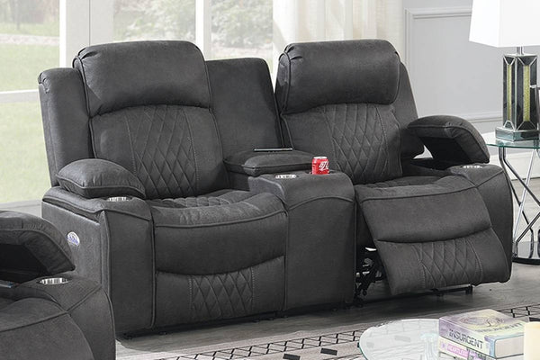 English Elm Power Motion Loveseat: Contemporary Charcoal Gel Leatherette With Usb, Cup Holders & Storage Arms B011S01068-GIGA