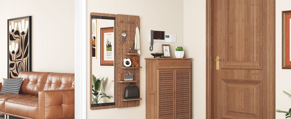 English Elm 47.6 Inch Sliding Full Length Mirror with Hidden Rubber Wood Storage Panel for Bedroom W2987P289181