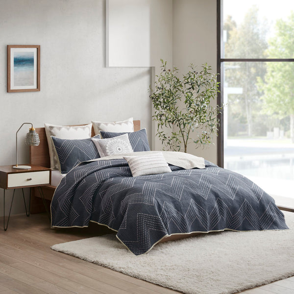JLA Home INK+IVY - 3 INK+IVY Pomona Embroidered Cotton Quilt Mini Set - Navy with Taupe Reversible, Antimicrobial Comfort II13-565