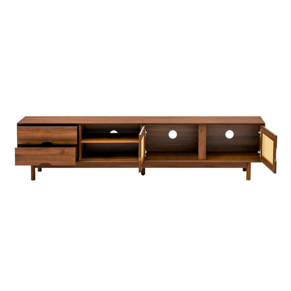 English Elm 78 Inch Rattan Media Console with Rubberwood Legs Walnut Finish Living Room Storage N710P407810P