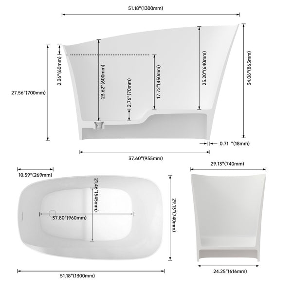 English Elm 51 Inch Freestanding Stone Resin Soaking Tub Matte Spa Basin Thermal Insulated T3785P353967