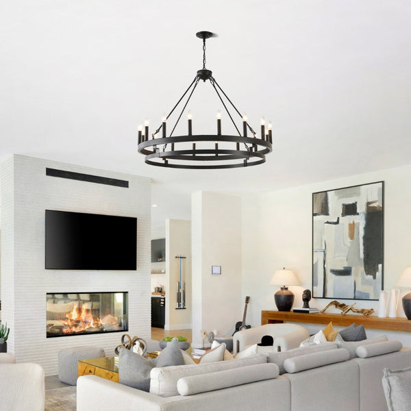 English Elm 39 Inch Matte Black Wagon Wheel Chandelier 16 Candelabra Lights Farmhouse Dining W5008P392763