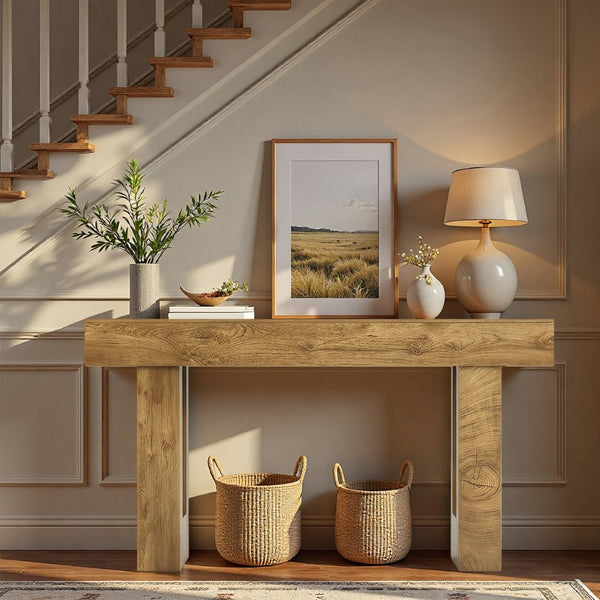 English Elm 63'' Farmhouse Console Table Rustic Wood Grain Sofa for Entryway or Hallway W3204P401255