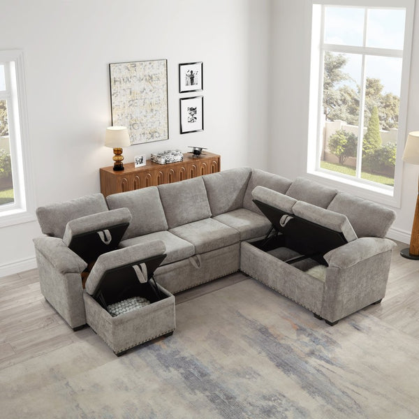 English Elm 97 Inch L-shaped Chenille Sectional Sofa with Sleeper Storage Ottoman 7 Seats Grey W1669S00018
