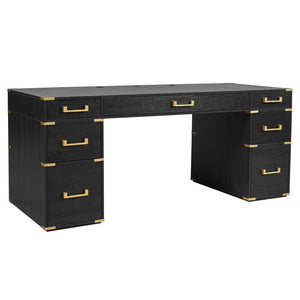 English Elm 70" Executive Writing Desk with Gold Metal Trim Seven Drawers and Built-in Power Outlets N751S376579B