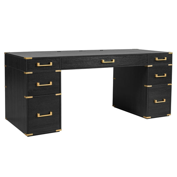 English Elm 70" Executive Writing Desk with Gold Metal Trim Seven Drawers and Built-in Power Outlets N751S376579B