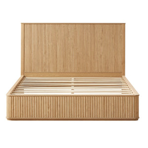 English Elm Natural Fluted Wood Platform Bed Minimalist Queen Frame with Tall Curved Headboard Oak W5219S00002