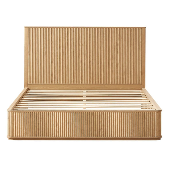 English Elm Natural Fluted Wood Platform Bed Minimalist Queen Frame with Tall Curved Headboard Oak W5219S00002