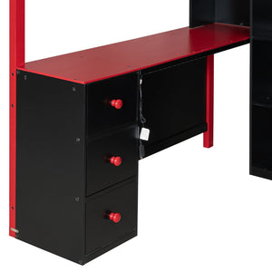 English Elm Full Size Gaming Loft Bed with Led Lighting Desk Drawers and Display Shelving Red LT000263AAJ