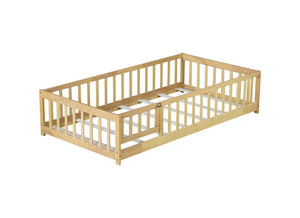 English Elm Twin Size Rubberwood Floor Bed with Safety Fence for Toddler Rooms Natural Finish W504P370531
