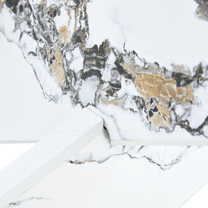 English Elm Round glass coffee table with 33.4" tempered top, white patterned MDF legs, sturdy 130lb capacity modern centerpiece W1512P395025