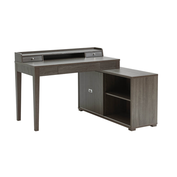 English Elm L-shaped grey workstation desk with mini hutch, reversible return, 3 drawers, sliding door credenza storage B107S00001