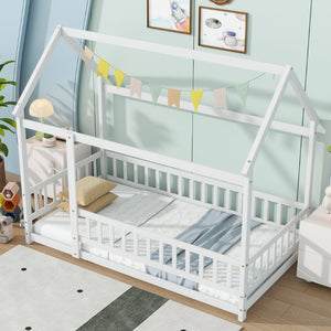 English Elm Twin Size House Floor Bed With Roof Frame & Safety Guardrails - Cozy Wooden Design For Kids' Rooms W504P286403-GIGA