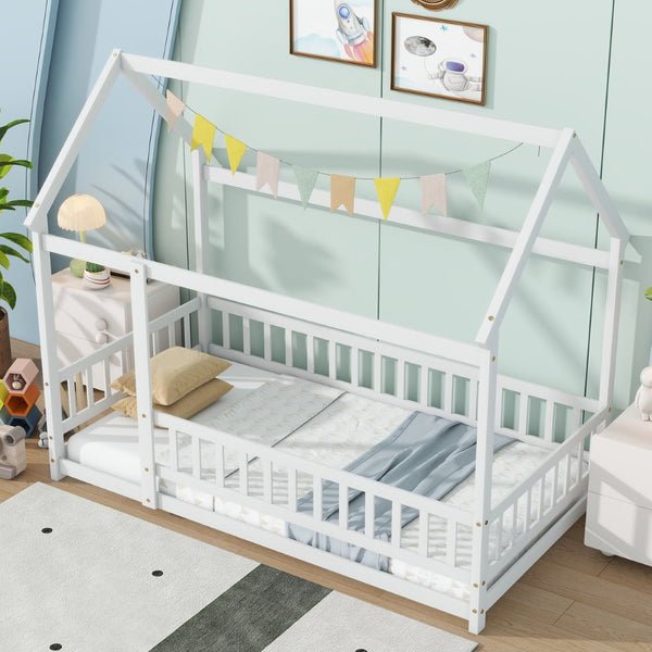 English Elm Twin Size House Floor Bed With Roof Frame & Safety Guardrails - Cozy Wooden Design For Kids' Rooms W504P286403-GIGA