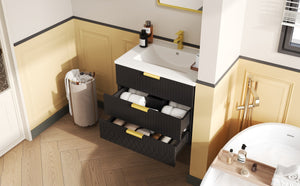 English Elm 24inch Bathroom Vanity with Ceramic Basin Sink, Wall-Mounted Double Drawer Cabinet for Small Baths Black N710P324097B