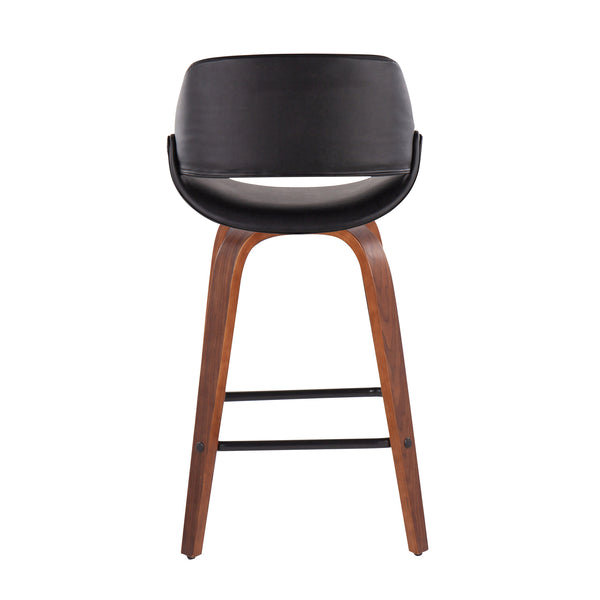 English Elm Fabrico Mid-Century Modern Counter Stool Set Of 2 In Walnut & Black Faux Leather With 360° Swivel B202S00256