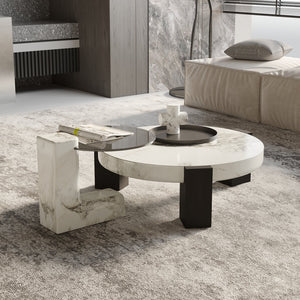 English Elm Bianco Marble-Pattern Coffee Table with Side Table Set — Modern White Top, Black Wood Legs, Durable Elegance B341S00040