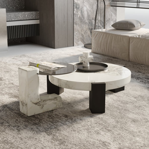 English Elm Bianco Marble-Pattern Coffee Table with Side Table Set — Modern White Top, Black Wood Legs, Durable Elegance B341S00040
