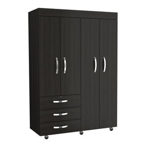 English Elm Hamilton Mobile Armoire with 4 Doors, 3 Drawers, Dual Hanging Rods and Multiple Shelves for Organized Storage and Durable Engineered Wood Finish Black 70.47 L x 23.23 W x 4.33 H B097S00229