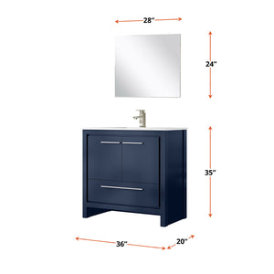 English Elm Navy Blue Bath Vanity Set 36" With White Quartz Top, Brushed Nickel Faucet & 28" Mirror - Elegant Design B2731S02064