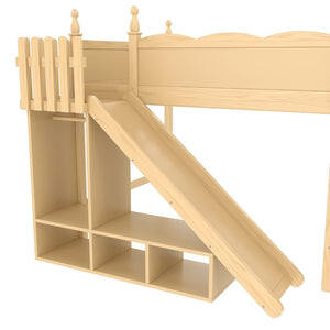 English Elm Twin Loft Bed Solid Pine Frame with Wardrobe Shelving Detachable Slide Kids Room Natural W5305S00022