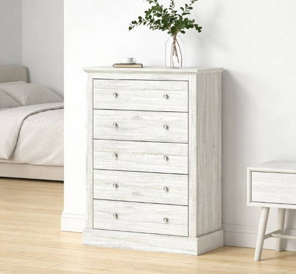 English Elm Wide Five Drawer Farmhouse Chest Distressed Oak Finish Bedroom Entryway Storage T3971P431324