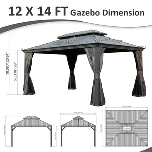 English Elm 12' Hardtop Gazebo with Built-In Drainage, Dual-Layer Galvanized Roof, Curtains & Mosquito Mesh Protection Gray W1859S00141
