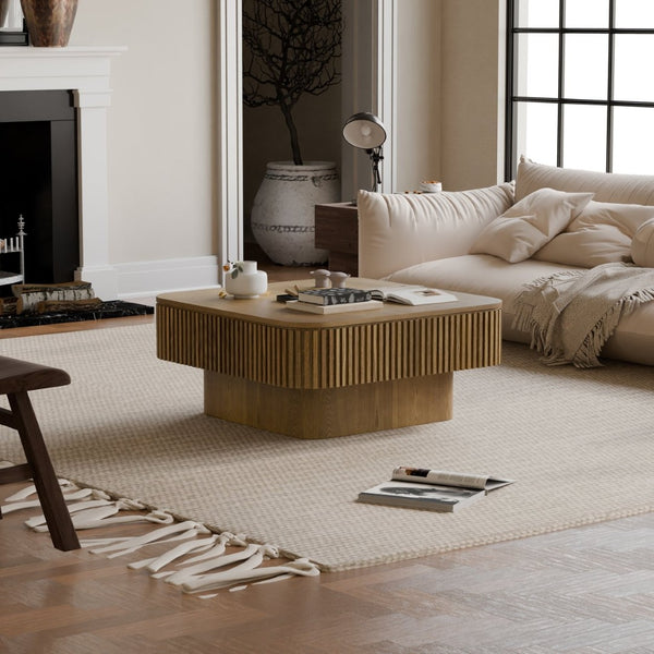 English Elm 31.5'' Square Wood Veneer Flip Top Storage Coffee Table with Slat Detail for Living Rooms Brown W1435P375248