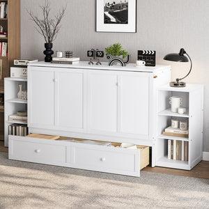 English Elm Queen Murphy Bed With Storage Drawers & Shelves - Space-Saving Design For Modern Guest Rooms W1580S00255-GIGA