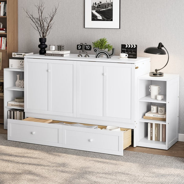 English Elm Queen Murphy Bed With Storage Drawers & Shelves - Space-Saving Design For Modern Guest Rooms W1580S00255-GIGA