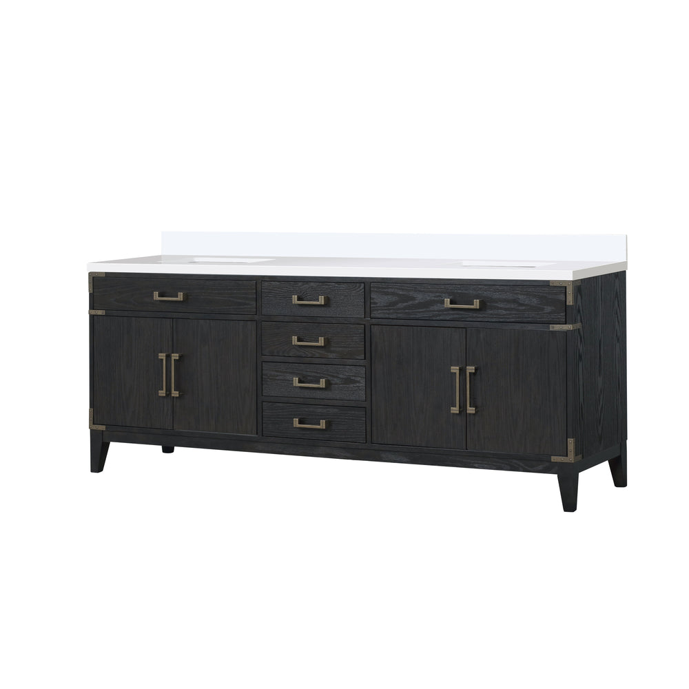 English Elm Black Oak Double Bath Vanity With White Quartz Top - 84" W, Elegant Storage, Durable Design B2731P260976