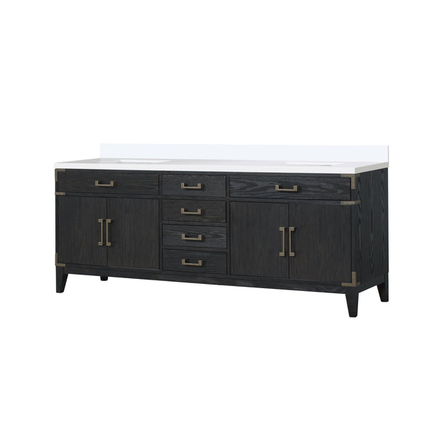 English Elm Black Oak Double Bath Vanity With White Quartz Top - 84" W, Elegant Storage, Durable Design B2731P260976