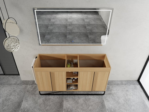 English Elm 60" Modern Freestanding Bathroom Vanity with 4 Soft-Close Doors, 3 Open Shelves, Towel Hanger, 8 Boxes W999P376886