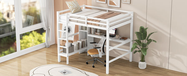 English Elm Full Size Loft Bed With Under-Bed Desk & Multifunction Shelves - Space-Saving White Design For Teens N7090005004K