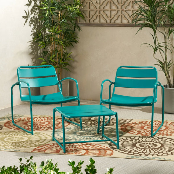 English Elm Christopher Knight Home® - CONRAD Modern Outdoor Chat Set with Powder-Coated Iron Frame, Open Slat Seats for Breezy Comfort Teal N775P250736T