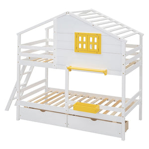 English Elm Twin Playhouse Bunk Bed Pinewood Frame with Pitched Roof Window Shelf and Storage Drawers White LT001608AAK-1
