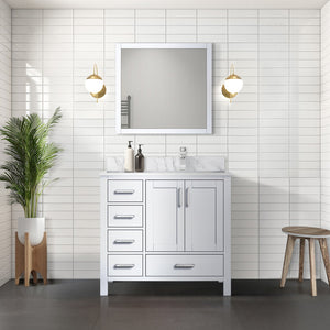 English Elm White 36 in. Bath Vanity with Carrara Marble Right-Offset Top, Soft-Close Drawers & Chrome Faucet Set B2731P259018