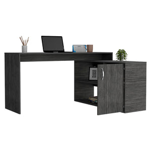English Elm Dallas L-Shaped Home Office Desk with Spacious Work Surface, Two Open Shelves and Cabinet Storage Solution Oak 34 L x 24 W x 5 H B128S00163