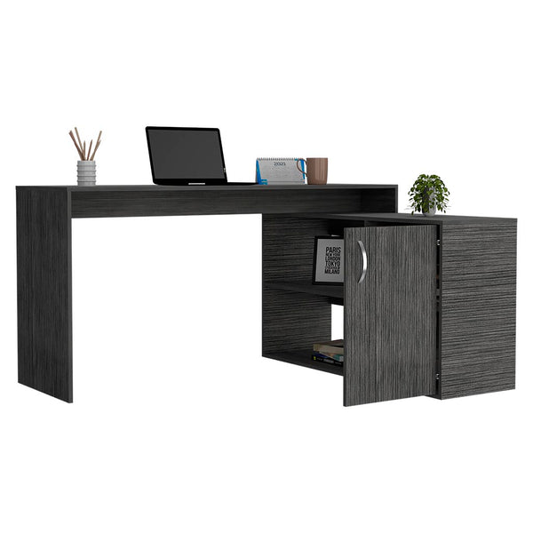 English Elm Dallas L-Shaped Home Office Desk with Spacious Work Surface, Two Open Shelves and Cabinet Storage Solution Oak 34 L x 24 W x 5 H B128S00163