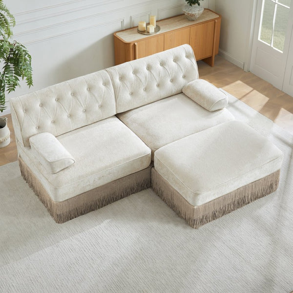 English Elm L-shaped Velvet Chesterfield Sectional Sofa with Tassel Skirt and Tufted Modular Design Beige W714S01682