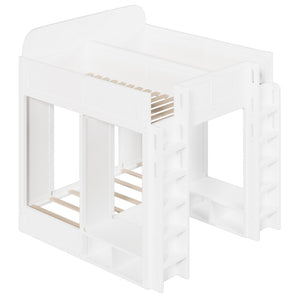 English Elm Triple Bunk Bed Wood Frame with Built in Shelves Hooks for Shared Kids Rooms White N7090004027K