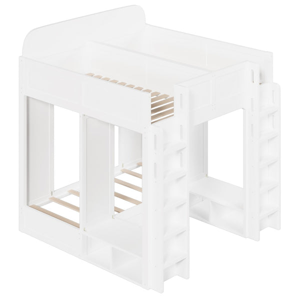 English Elm Triple Bunk Bed Wood Frame with Built in Shelves Hooks for Shared Kids Rooms White N7090004027K