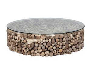 Sunpan Bickford Handcrafted Driftwood Coffee Table with Tempered Glass Top – Unique Rustic Modern Design