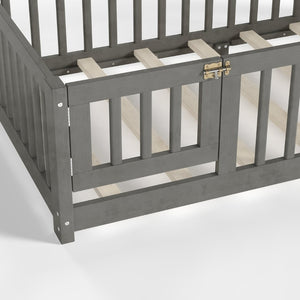 English Elm Twin Floor Bed Solid Pine Frame with Guardrails and Door for Safe Kid Sleep W1580P433575