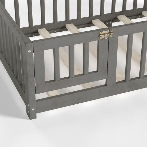 English Elm Twin Floor Bed Solid Pine Frame with Guardrails and Door for Safe Kid Sleep W1580P433575