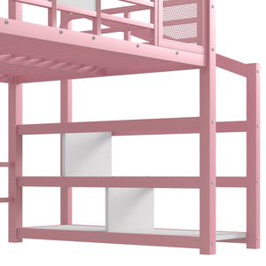 English Elm Full Full House Loft bed with Slide and Stairs, Metal House Play Loft with Storage Shelves and Quiet Design Pink W1580S00351