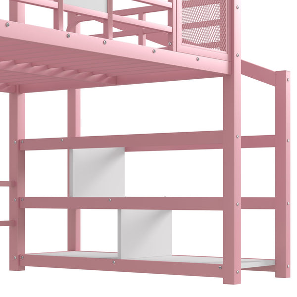 English Elm Full Full House Loft bed with Slide and Stairs, Metal House Play Loft with Storage Shelves and Quiet Design Pink W1580S00351
