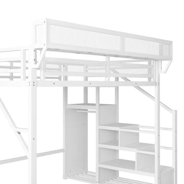 English Elm Queen Size Loft Bed With Stairs & Storage Shelves - Stylish Metal Frame For Kids & Teens, White W2580S00031-GIGA