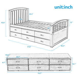 English Elm Orisfur. Twin Size Platform Storage Bed Solid Wood Bed With 6 Drawers