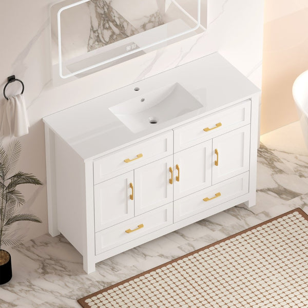 English Elm 48" White Bathroom Vanity with Resin Sink 4 Soft Close Doors Drawers Mdf Cabinet W3133S00027